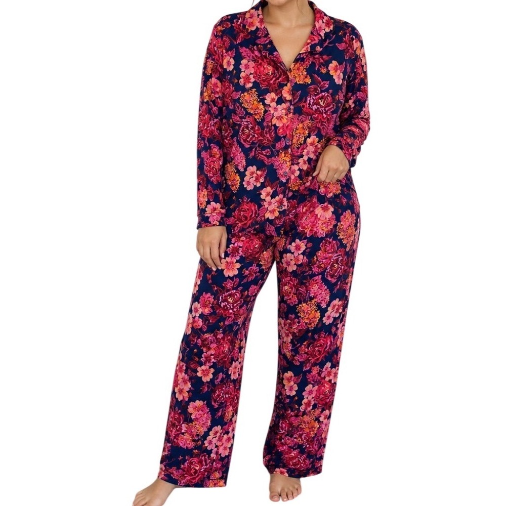 Isaac Mizrahi Blue Women Pajama Set 3X Floral Button Front Long Sleeve Pants